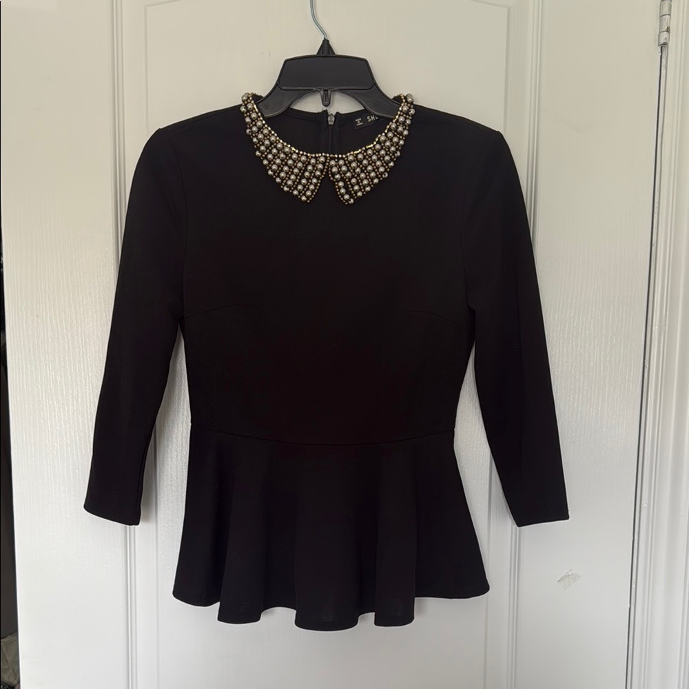 NWOT Black Embellished Peplum Blouse with 3/4 Sleeves